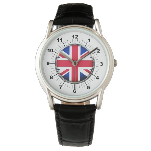 Mens UK Flag Black Leather Strap Watch