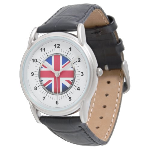 Mens UK Flag Black Leather Strap Watch