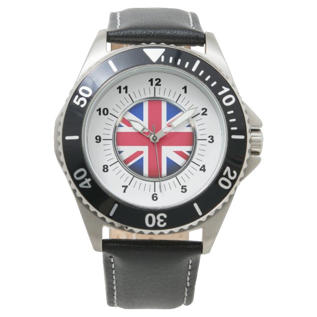 Men's UK Flag Black Leather Strap Watch (Front)