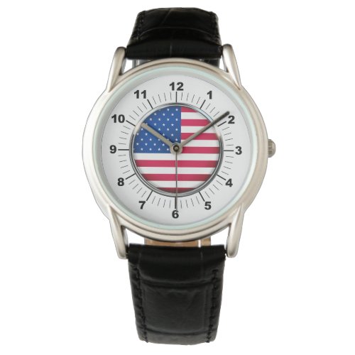 Mens USA Flag Classic Black Leather Strap Watch