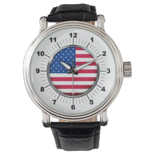Men's USA Flag Vintage Black Leather Strap Watch