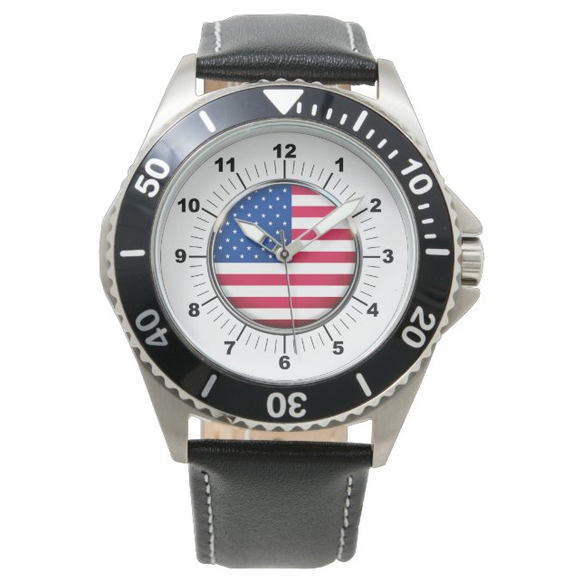 Men's USA Stainless Steel Black Leather Strap  Watch (Front)