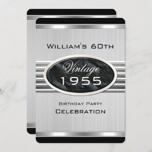 Men's Vintage 60th Silver Metal Black Birthday 2 Invitation