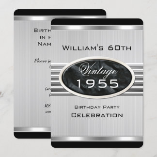 Men's Vintage 60th Silver Metal Black Birthday 2 Invitation