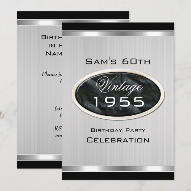 Men's Vintage 60th Silver Metal Black Birthday Invitation (Front/Back)