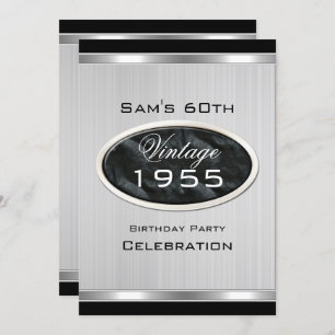 Men's Vintage 60th Silver Metal Black Birthday Invitation