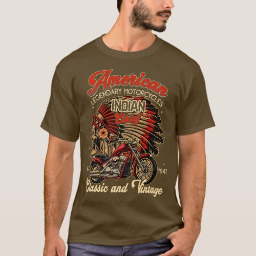 Mens Vintage American Motorcycle Indian Old Biker  T_Shirt