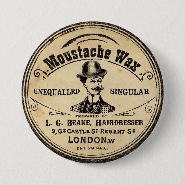 Mens Vintage Mustache Moustache Wax Pin Button (Front)