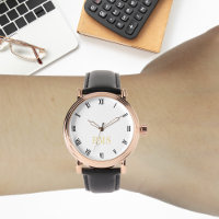 Mens Vintage Rose Gold Initial Black Leather Strap Watch