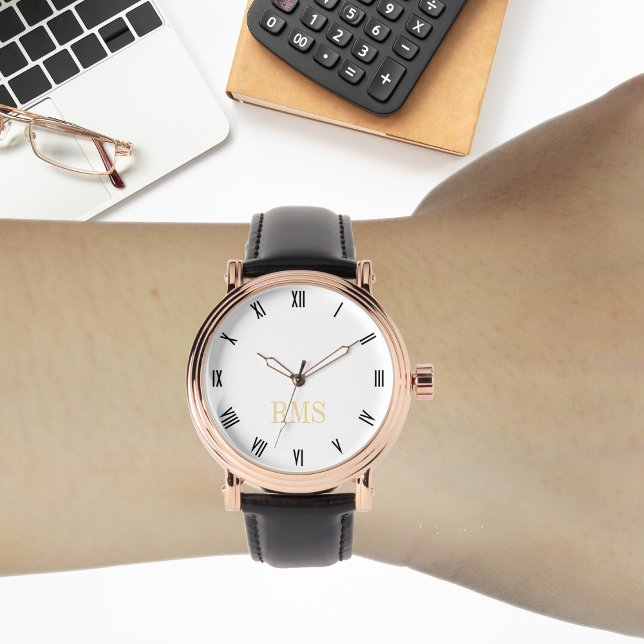 Mens Vintage Rose Gold Initial Black Leather Strap Watch (Mens Vintage Rose Gold Initial Black Leather Strap Watch)