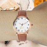 Mens Vintage Rose Gold Initial Brown Leather Strap Watch<br><div class="desc">Create your own custom, personalized, elegant stylish cool unique classy faux gold, black and white hours, monogrammed, mens rose gold retro vintage look style brown leather strap watch. Simply type in your name / monogram / initials, to customize. Makes a great gift, for birthday, graduation, fathers day, christmas, holidays, wedding,...</div>