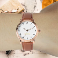 Mens Vintage Rose Gold Initial Brown Leather Strap Watch
