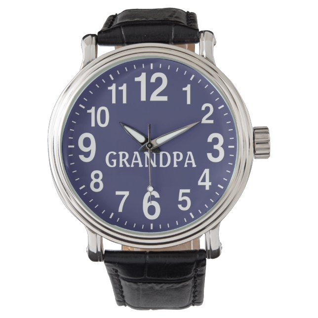 Mens Watch Blue Face Leather Band for GRANDPA (Front)