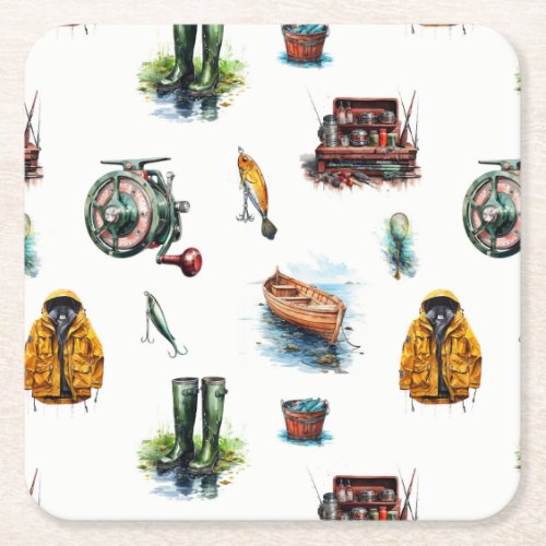 Mens Watercolor Fishing Gear Pattern Square Paper Coaster