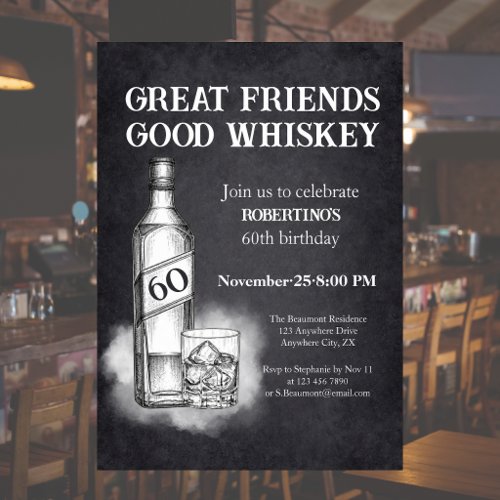 Men's Whiskey Themed Sketch Style 60th Birthday Invitation