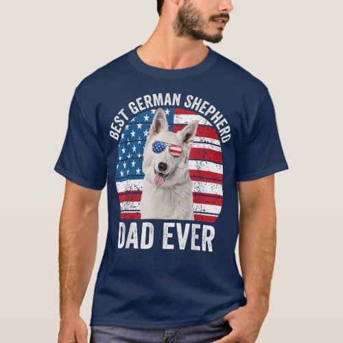 Mens White German Shepherd Dad American Flag Dog L T_Shirt