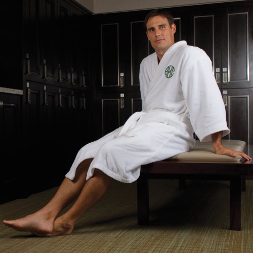 Mens White Kimono_style Monogrammed Cotton Robe