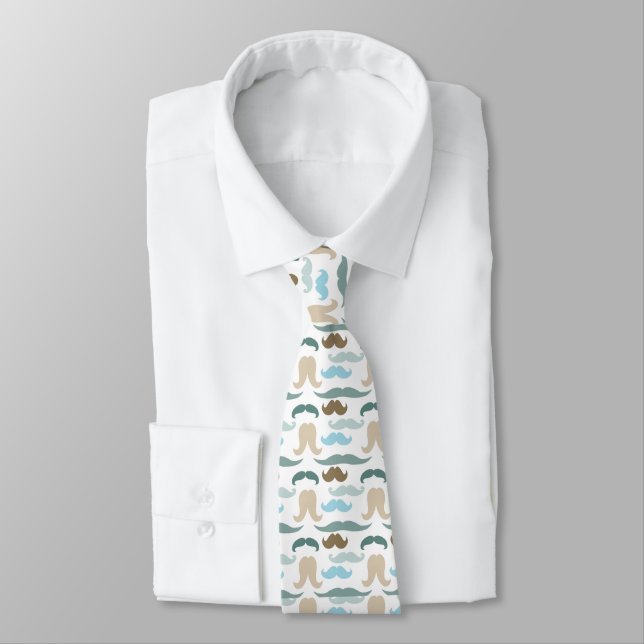 Men's White Tiled Designer Mustache Tie (Tied)