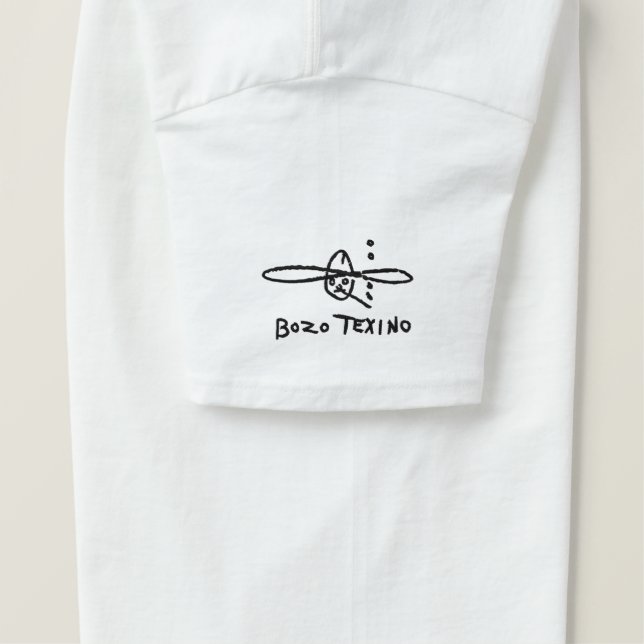 men's white tshirt with embroidered bozo texino (Design Left)