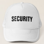 Mens Womens Black White Custom Text Security Trucker Hat<br><div class="desc">Add Image Company Logo Text Here Modern Elegant Template Men's Women's Unisex Security Member Black White Baseball Cap / Trucker Hat.</div>