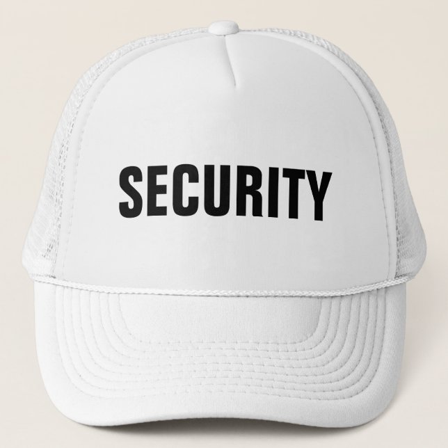 Mens Womens Black White Custom Text Security Trucker Hat (Front)