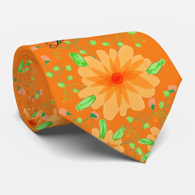 Menswear Flowered Tie In Orange Floral Print (Rolled)