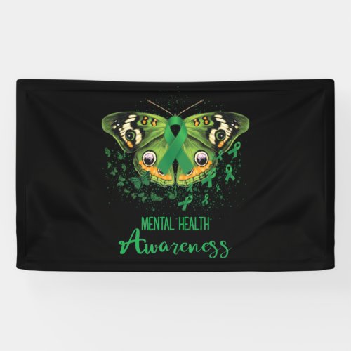 Mental Health Awareness Butterfly Green Ribbon Banner