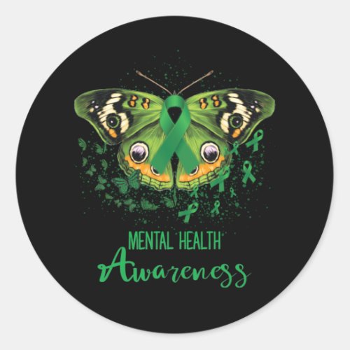 Mental Health Awareness Butterfly Green Ribbon Classic Round Sticker