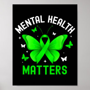Mental health awareness butterfly ribbon green poster