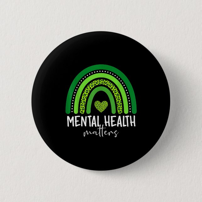 Mental health awareness green rainbow brain button (Front)