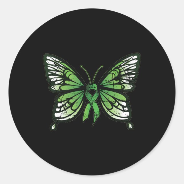 Mental Health Awareness Green Ribbon Butterfly Lon Classic Round Sticker (Front)