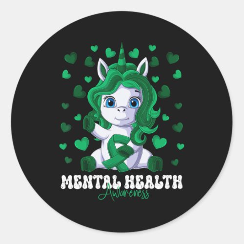 Mental Health Awareness Month Green Ribbon Unicorn Classic Round Sticker