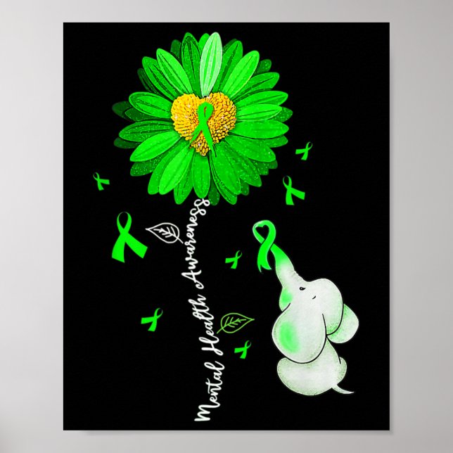 Mental Health Awareness Sunflower Green Ribbon Ele Poster (Front)