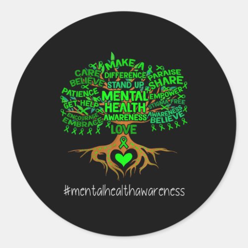 Mental Health Awareness Tree Green Ribbon For Men  Classic Round Sticker