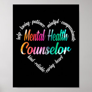 Mental Health Counselor Heart Word Cloud Watercolo Poster