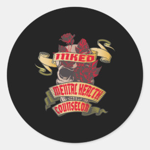 Mental Health Counselor Inked Skull and Red Roses Classic Round Sticker