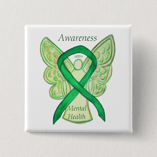 Mental Health Green Awareness Ribbon Angel Pin (Front)