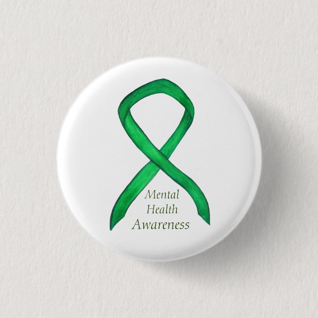 Mental Health Green Awareness Ribbon Button Pins (Front)