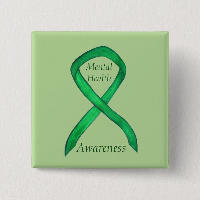 Mental Health Green Awareness Ribbon Custom Pin (Front)