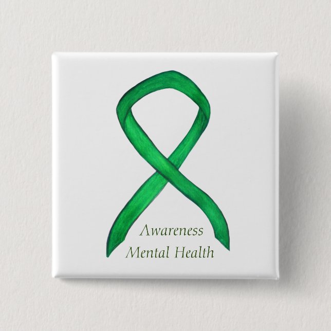 Mental Health Green Awareness Ribbon Pin Buttons (Front)
