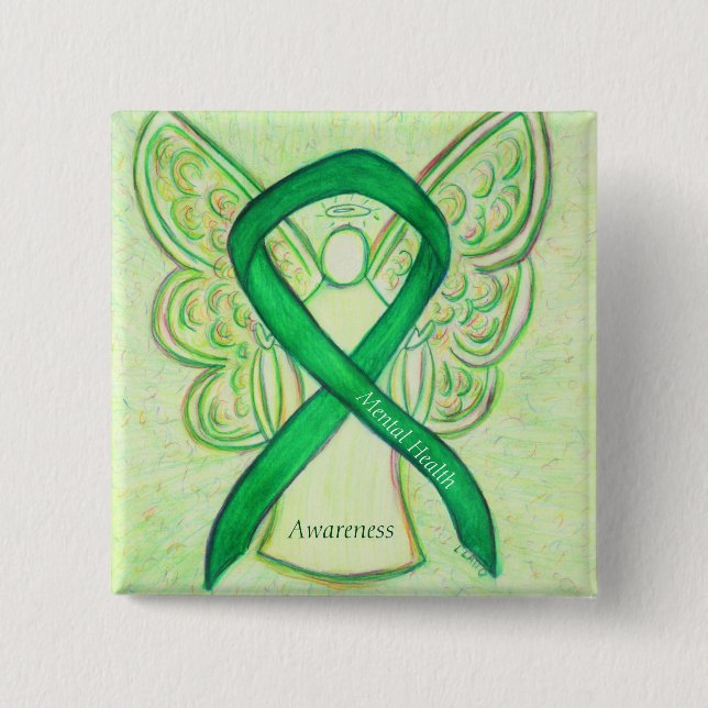 Mental Health Green Awarness Ribbon Angel Pin (Front)