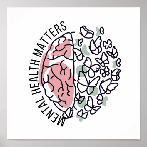 Mental Health Matters Colorful Brain  Butterflies Poster