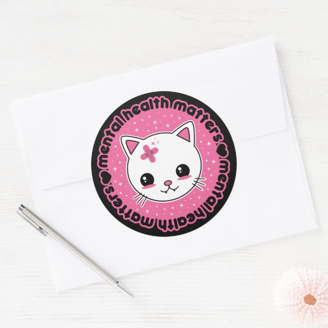 Mental Health Matters Kawaii Cat Classic Round Sticker (Envelope)