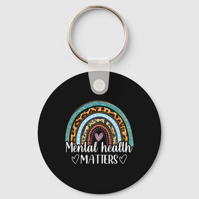 Mental Health Matters Leopard Print Boho Rainbow A Keychain (Front)