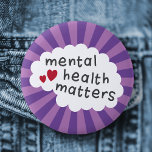 Mental health matters pinback badge button<br><div class="desc">Pinback button badge featuring the text mental health matters with red hearts on a white brain on a purple sunburst background. All colors are customizable in the design tool.</div>