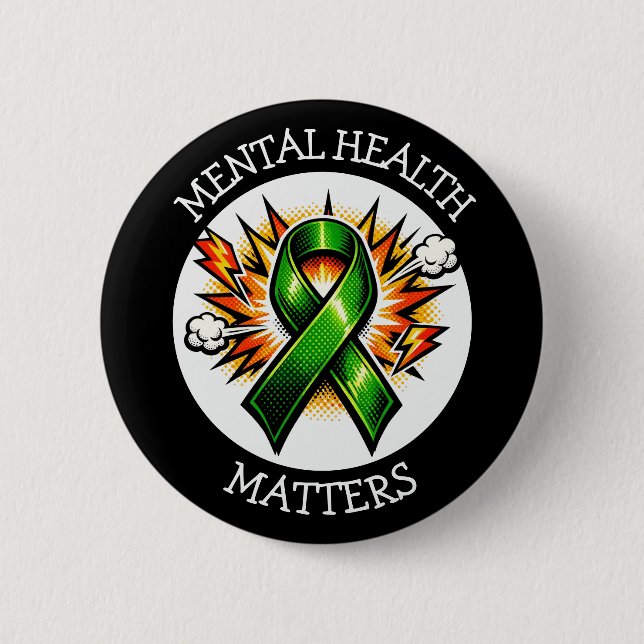 Mental Health Matters Pop Art Green Ribbon Button (Front)