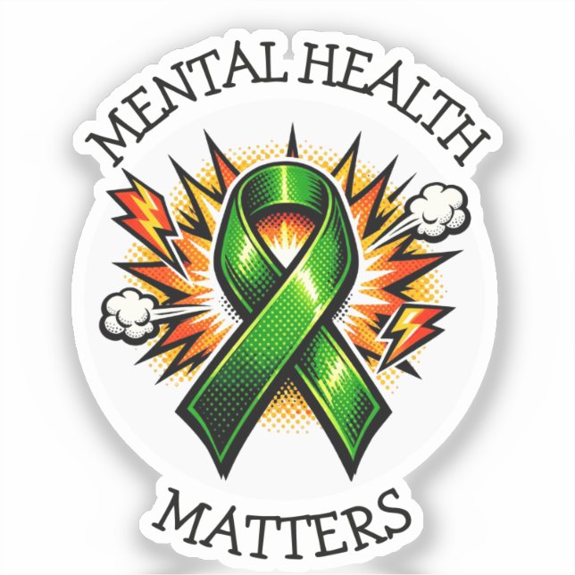 Mental Health Matters Pop Art Green Ribbon Sticker (Front)