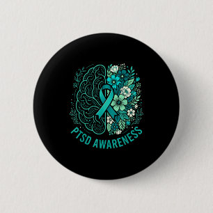 Mental health ptsd awareness brain and floral teal button