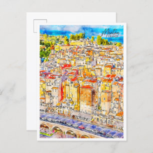 Menton France vintage travel watercolor Postcard