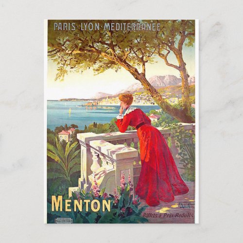 Menton French riviera landscape woman on terrace Postcard